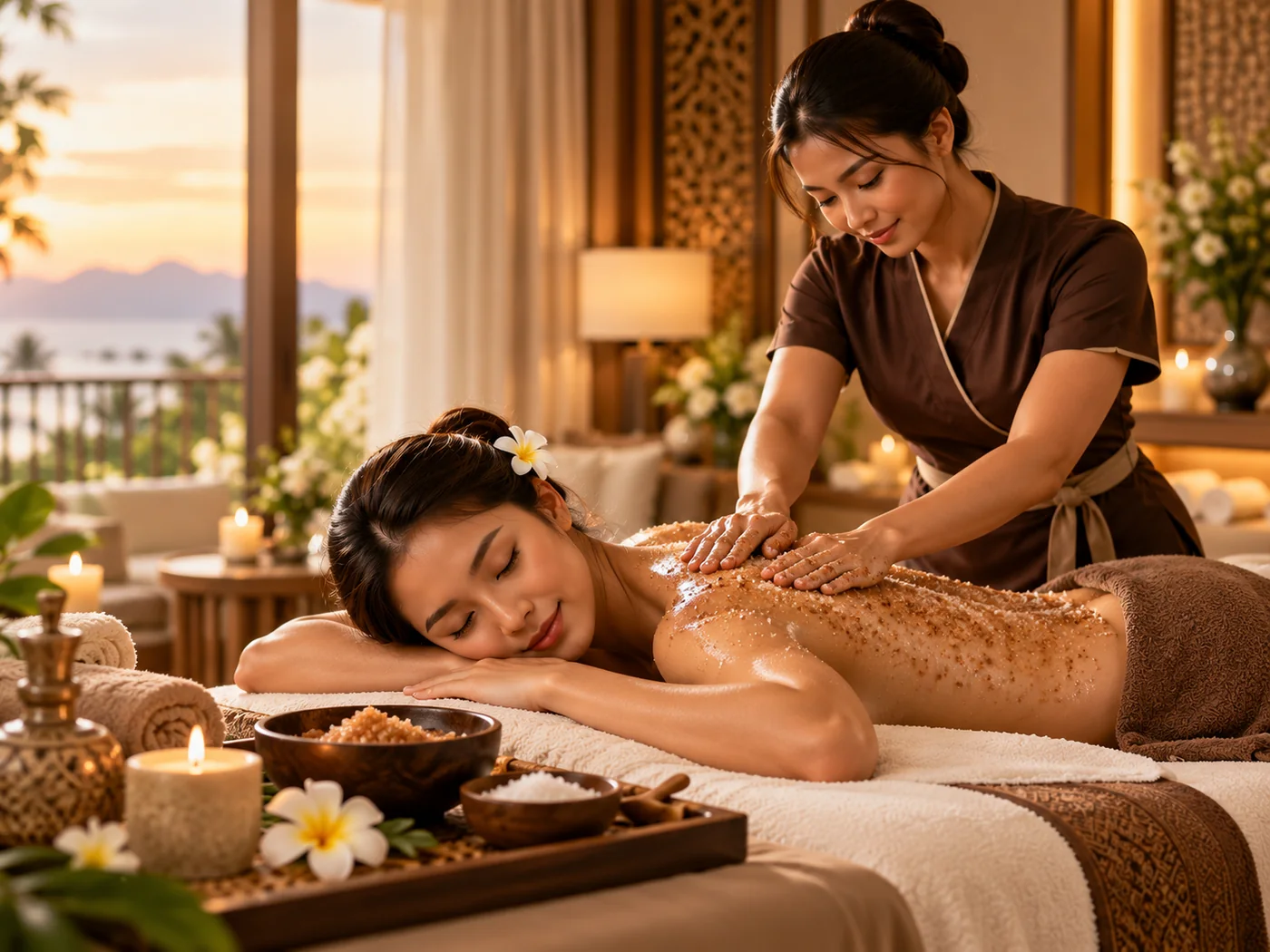 Body scrub massage with natural exfoliating treatment in a warm luxury spa setting