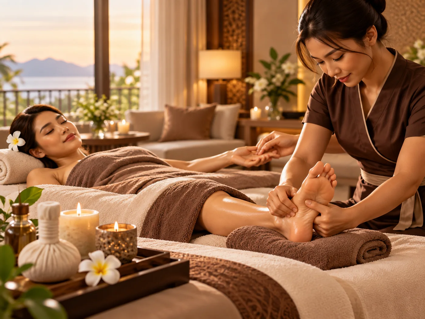 Therapist providing relaxing foot and hand reflexology in an elegant spa setting