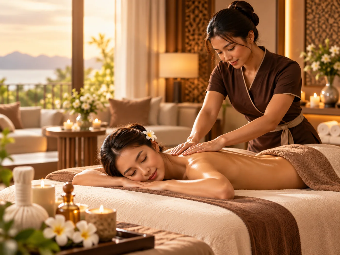 Professional therapist performing a relaxing Swedish massage in a warm hotel spa setting