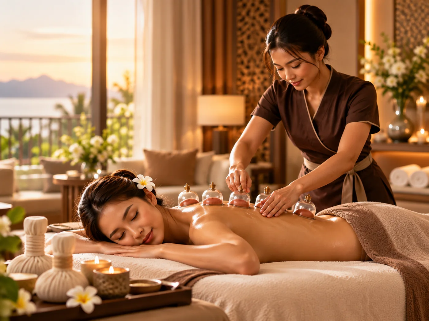 Traditional ventusa cupping treatment combined with massage in a luxury spa setting