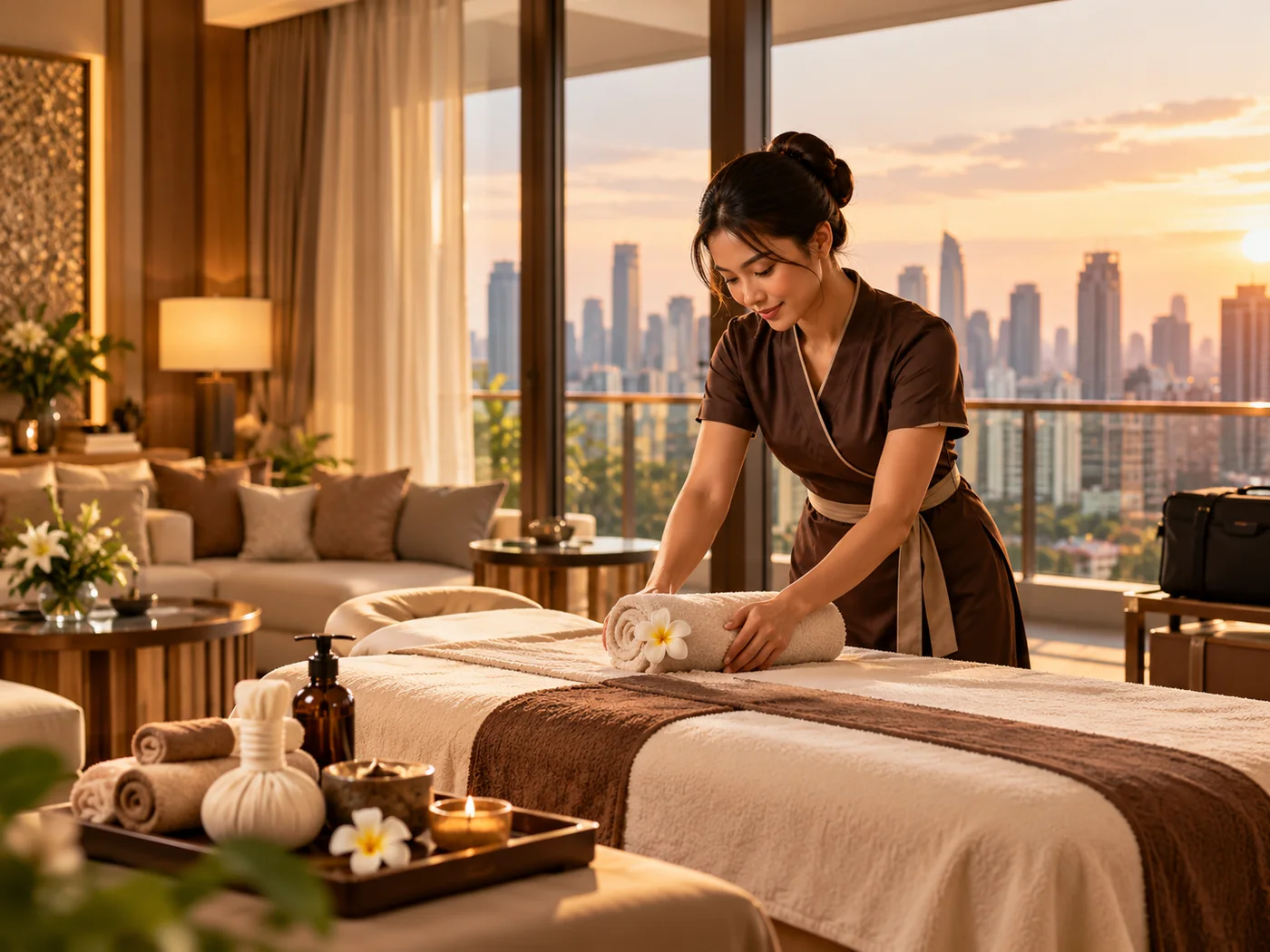 Maison Serenity therapist preparing a mobile massage setup in a Metro Manila condo or hotel